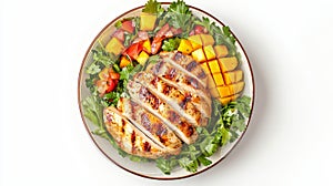 Grilled chicken with fresh coriander and mango salsa on a vibrant salad platter photo