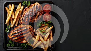 grilled chicken and fries on a tray, with a spacious section provided for text accompaniment. photo