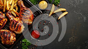 grilled chicken and fries on a tray, with a spacious section provided for text accompaniment.