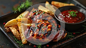 grilled chicken and fries on a tray, with a spacious section provided for text accompaniment.