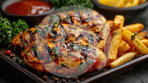 grilled chicken and fries on a tray, with a spacious section provided for text accompaniment.