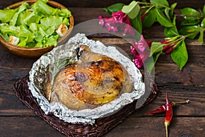 Grilled chicken ham marinated in balsamic sauce, spicy Italian herbs and fresh lemon. Restaurant supply on a wooden