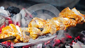 Grilled chicken kebabs.Shashlik or Shish kebab. Juicy tasty pieces of meat on skewers over glowing coals