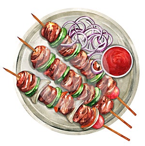 Grilled chicken kebabs with vegetables. Watercolor illustration