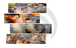 Grilled chicken Leg on Kebabs on the grill Collage of various meat products