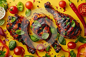 Grilled Chicken Legs with Fresh Herbs, Spices, and Cherry Tomatoes on Yellow Background Top View Culinary Concept