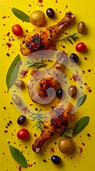 Grilled Chicken Legs with Herbs, Spices, and Mixed Olives on a Vibrant Yellow Background, Gourmet Food Presentation