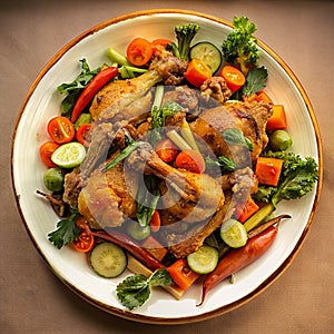 Grilled Chicken Legs With Vegetables The character and all objects are fictitious, the image was created using the neural