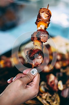 Grilled chicken meat skewers rolled with bacon. barbecue skewers with vegetables and roasted pizza bread