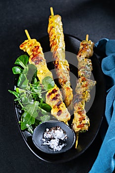 Grilled chicken and pork Curry Skewers, kebabs with spices, herbs on dark background, copy space. Keto Paleo. Pegan Diet