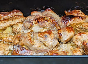 Grilled chicken with potatoes on the plate