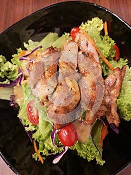 Grilled chicken salad with green leaves and tomatoes