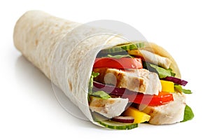 Grilled chicken and salad tortilla wrap isolated on white. No sa