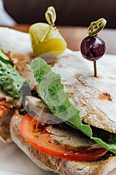 Grilled chicken sandwich made with homemade bread, tomato and lettuce served with beetroot salad and coleslaw