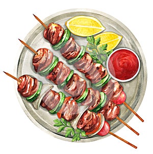 Grilled chicken skewers with lemon. Watercolor illustration