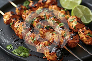 Grilled Chicken Skewers with Seasoning on a Dark Plate