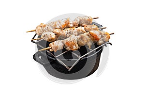 Grilled Chicken skewers souvlaki, poultry meat shish kebab. Isolated on white background. Top view.