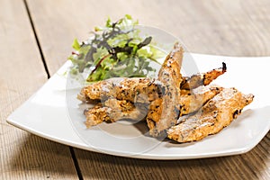 Grilled chicken strips with spices and side salad