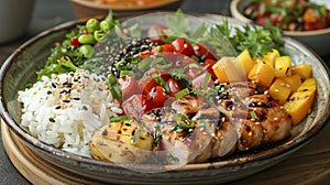 Grilled Chicken Teriyaki Bowl with White Rice, Mango Cubes, and Fresh Vegetable Salad