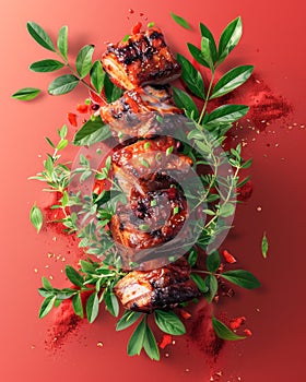 Grilled Chicken Thighs with Herbs and Spices on Vibrant Red Background Gourmet Food Concept