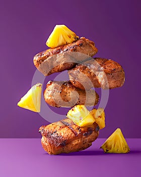 Grilled Chicken Thighs with Pineapple Chunks Levitating Against Purple Background Creative Food Concept