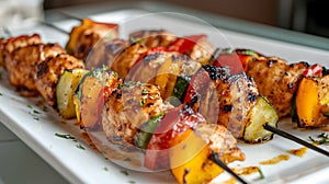 Grilled Chicken and Vegetable Skewers on a White Platter ai generated