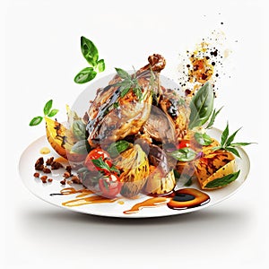 Grilled chicken with vegetables on a plate isolate on a white background.