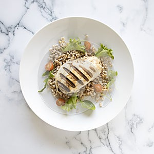 Grilled Chicken and Wholegrain Salad on a Marble Background