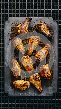 Grilled Chicken Wings Appetizing Display on Metal Grid Background