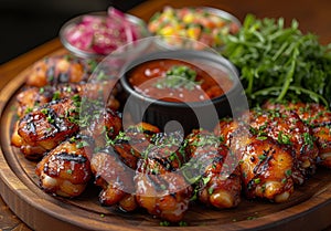Grilled chicken wings and sauces on wooden plate