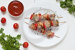 Grilled chiken kebab skewer barbecue meat with photo
