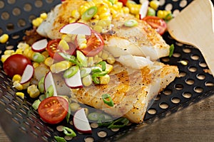 Grilled cod with summer vegetables