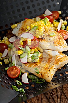 Grilled cod with summer vegetables