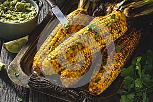 Grilled Corn On Cob On Barbecue with herbs Butter