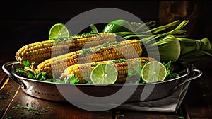 Grilled corn on the cob with butter and sea salt on the grill plate. Generative Ai