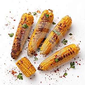 Grilled spicy corn isolated on white background photo