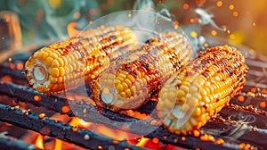 Grilled corn on the cob over open flames, with sparks and smoke rising