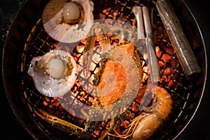 Grilled Crab Seafood Cooking on Flaming Grill