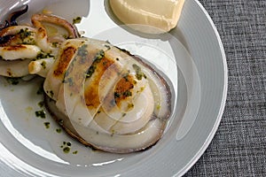 Grilled cuttlefish with sauce on a white plate. Delicious wholesome dinner at a Spanish fish restaurant.