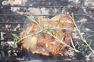 Grilled Deboned Chicken Meat On Smoking Barbecue With Rosemary