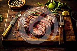 Grilled delicious steak on a wooden board , Juicy steak beef served with tomatoes and vegetables on a black wooden background.