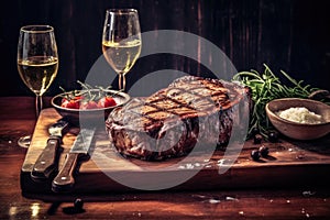 Grilled delicious steak on a wooden board , Juicy steak beef served with tomatoes and vegetables on a black wooden background.