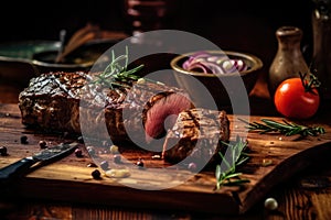 Grilled delicious steak on a wooden board , Juicy steak beef served with tomatoes and vegetables on a black wooden background.