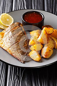 Grilled dorada filet with fried potatoes and sauces close-up on a plate. vertical