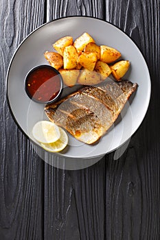 Grilled dorada filet with fried potatoes and sauces close-up on a plate. Vertical top view