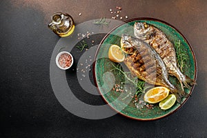 Grilled Dorada sea bream fish, Concept healthy and balanced eating. place for text, top view