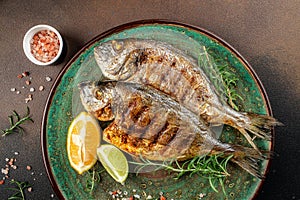 Grilled Dorada sea bream fish, Concept healthy and balanced eating. place for text, top view