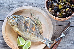 Grilled Dorade Royale Fish with baked brussel sprouts