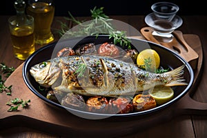 Grilled Dorade Royale fish served with fresh and baked vegetables