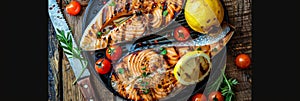 Grilled Dorado, Bbq Sea Bream Fish, Fried Sparus Aurata with Lemon and Cherry Tomatoes